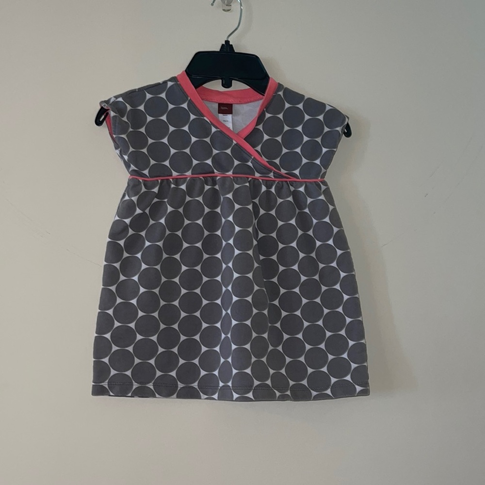 Polka dot patterned dress - gray & pink - SIZE 3. Cross-cross neckline